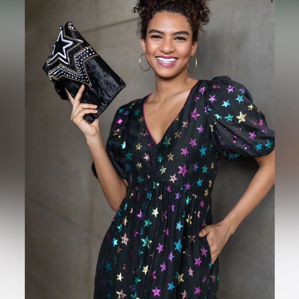 NWT 100% SILK EMILY LOVELOCK Black Dress with Metallic Star Pattern XS 2-4